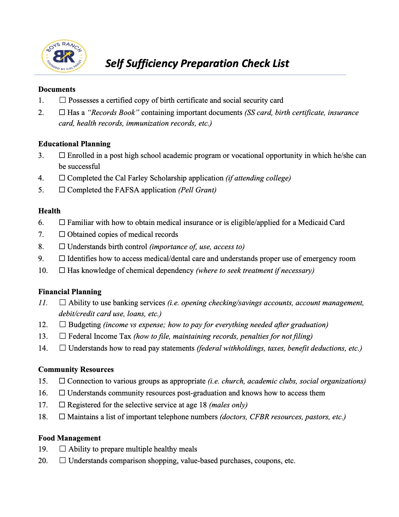Self-Sufficiency Checklist cover